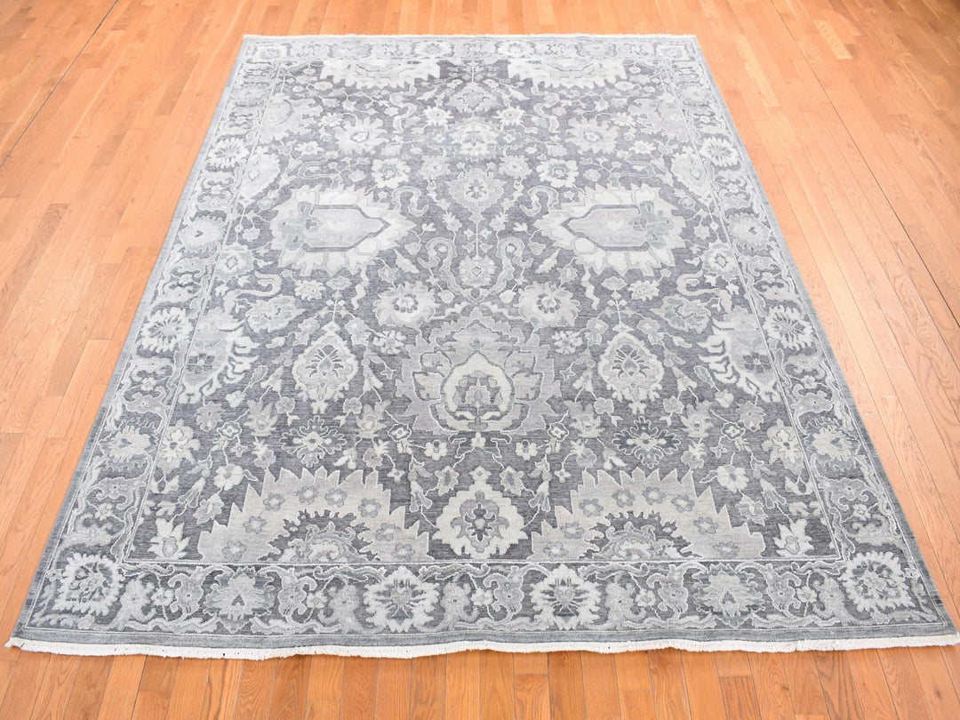 7'9" x 10'0" New Hand Knotted Grey Wool & Silk Rectangle Oriental Rug - MOA10280740