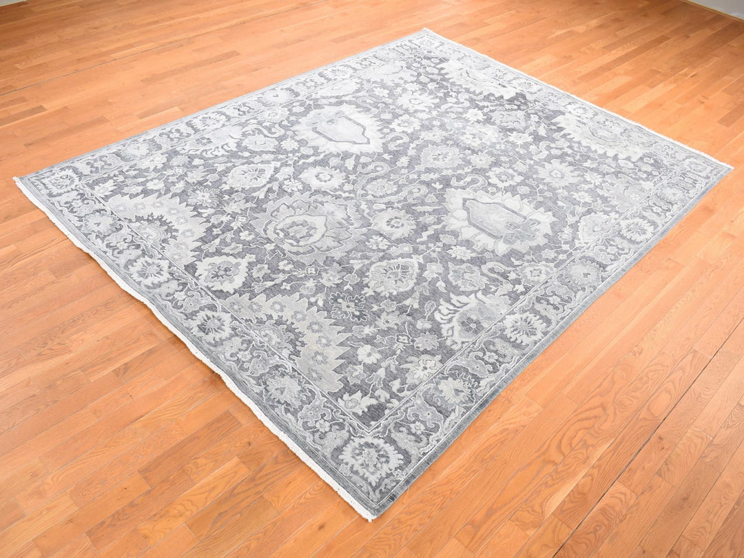 7'9" x 10'0" New Hand Knotted Grey Wool & Silk Rectangle Oriental Rug - MOA10280740