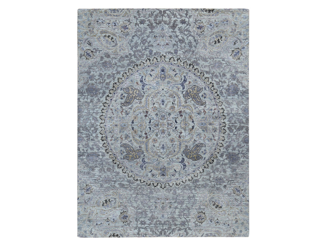 7'9" x 10'1" New Hand Knotted Grey Wool & Pure Silk Rectangle Oriental Rug - MOA10280742