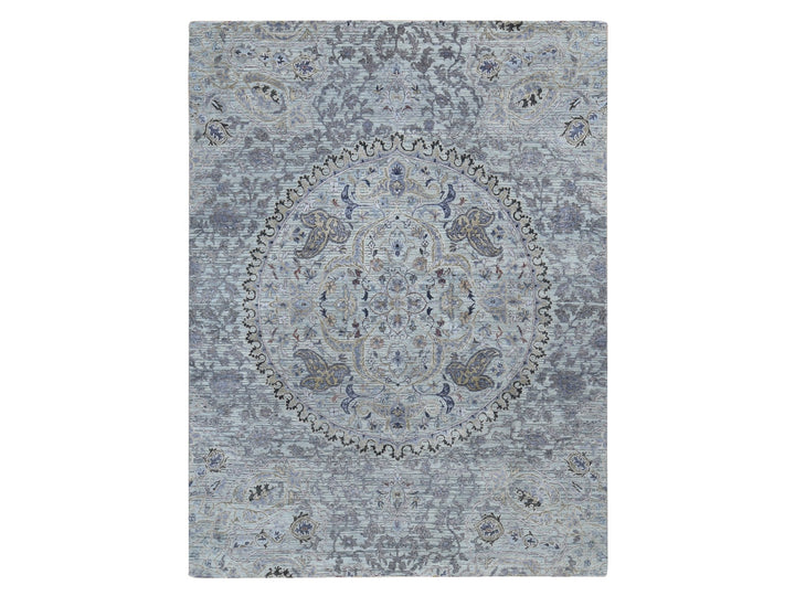 7'9" x 10'1" New Hand Knotted Grey Wool & Pure Silk Rectangle Oriental Rug - MOA10280742