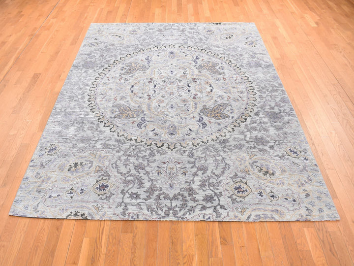 7'9" x 10'1" New Hand Knotted Grey Wool & Pure Silk Rectangle Oriental Rug - MOA10280742