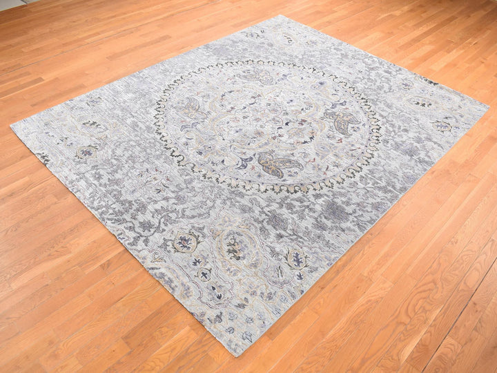 7'9" x 10'1" New Hand Knotted Grey Wool & Pure Silk Rectangle Oriental Rug - MOA10280742