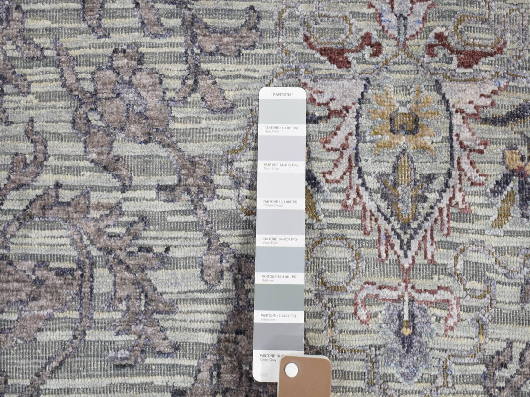 7'9" x 10'1" New Hand Knotted Grey Wool & Pure Silk Rectangle Oriental Rug - MOA10280742