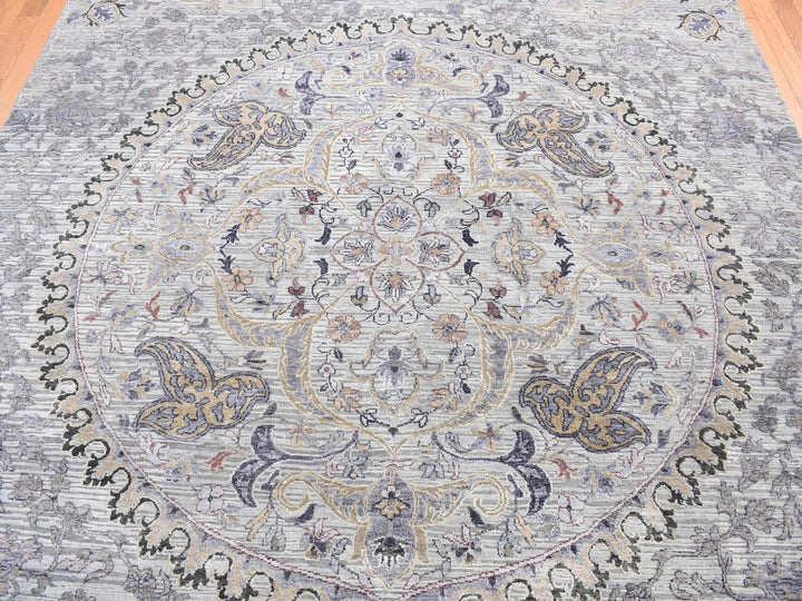 7'9" x 10'1" New Hand Knotted Grey Wool & Pure Silk Rectangle Oriental Rug - MOA10280742