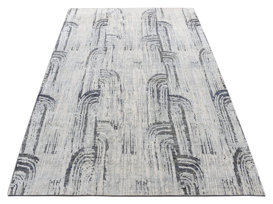 5'0" x 7'1" New Hand Knotted Grey Wool & Pure Silk Rectangle Oriental Rug - MOA10280768