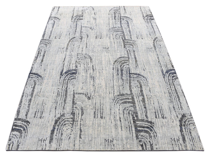 5'0" x 7'1" New Hand Knotted Grey Wool & Pure Silk Rectangle Oriental Rug - MOA10280768