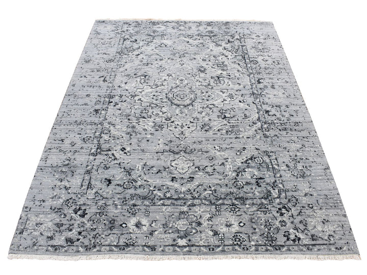 5'1" x 7'0" New Hand Knotted Grey Wool & Silk Rectangle Oriental Rug - MOA10280772