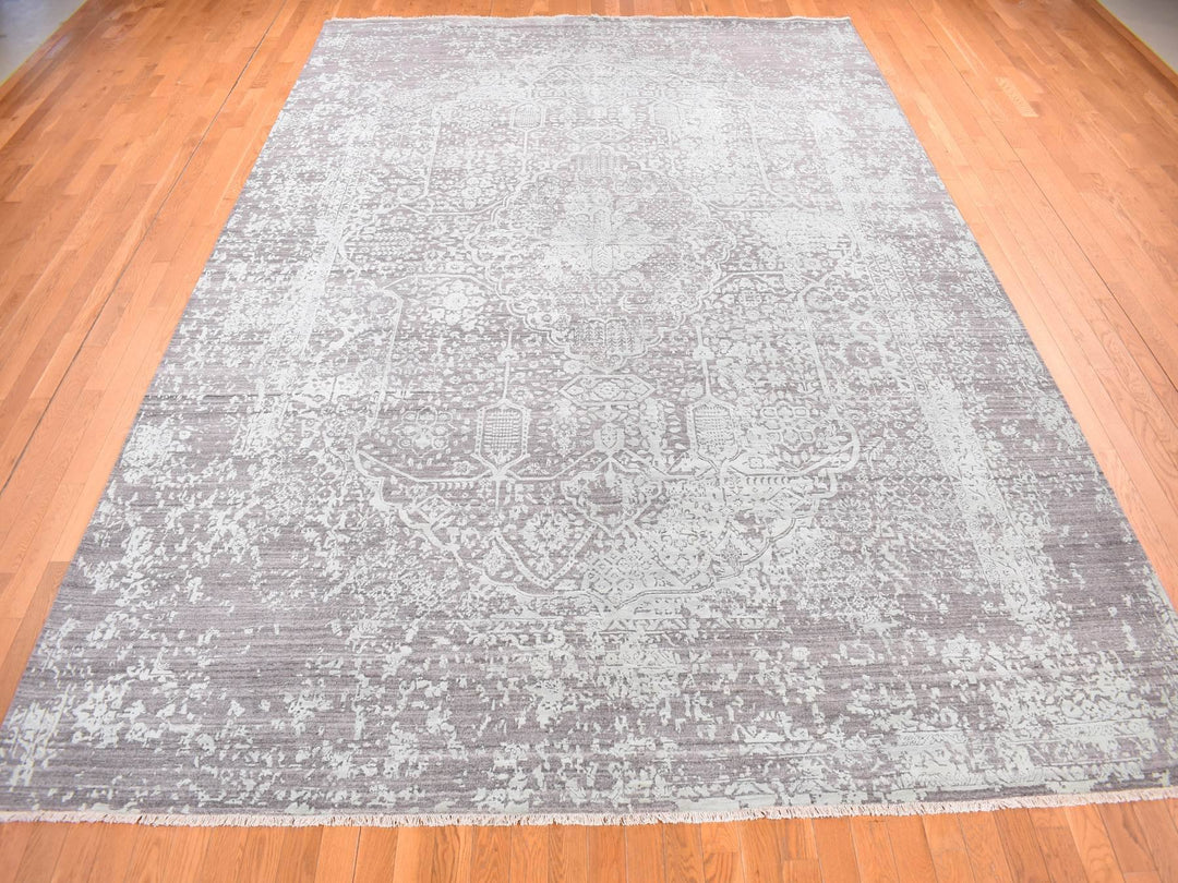 9'10" x 13'10" New Hand Knotted Green Wool & Silk Rectangle Oriental Rug - MOA10280786