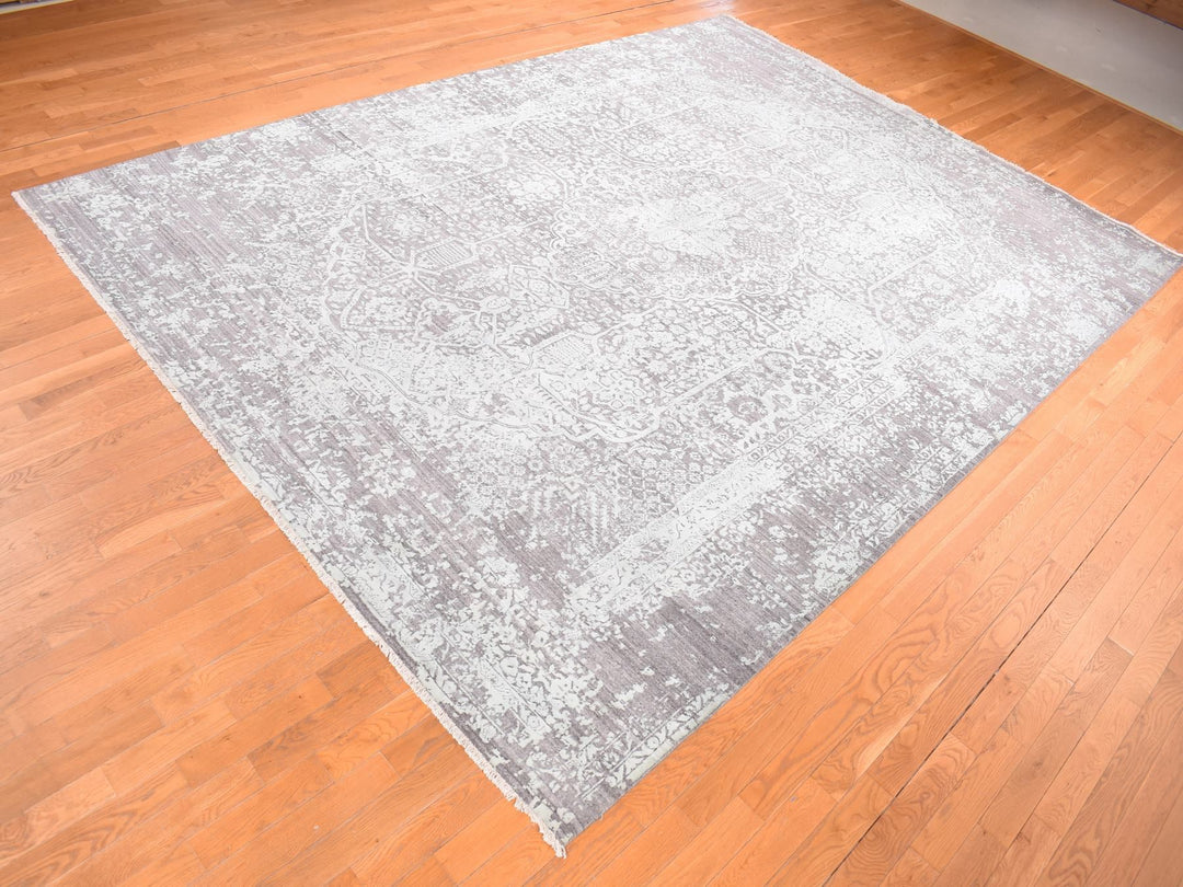 9'10" x 13'10" New Hand Knotted Green Wool & Silk Rectangle Oriental Rug - MOA10280786