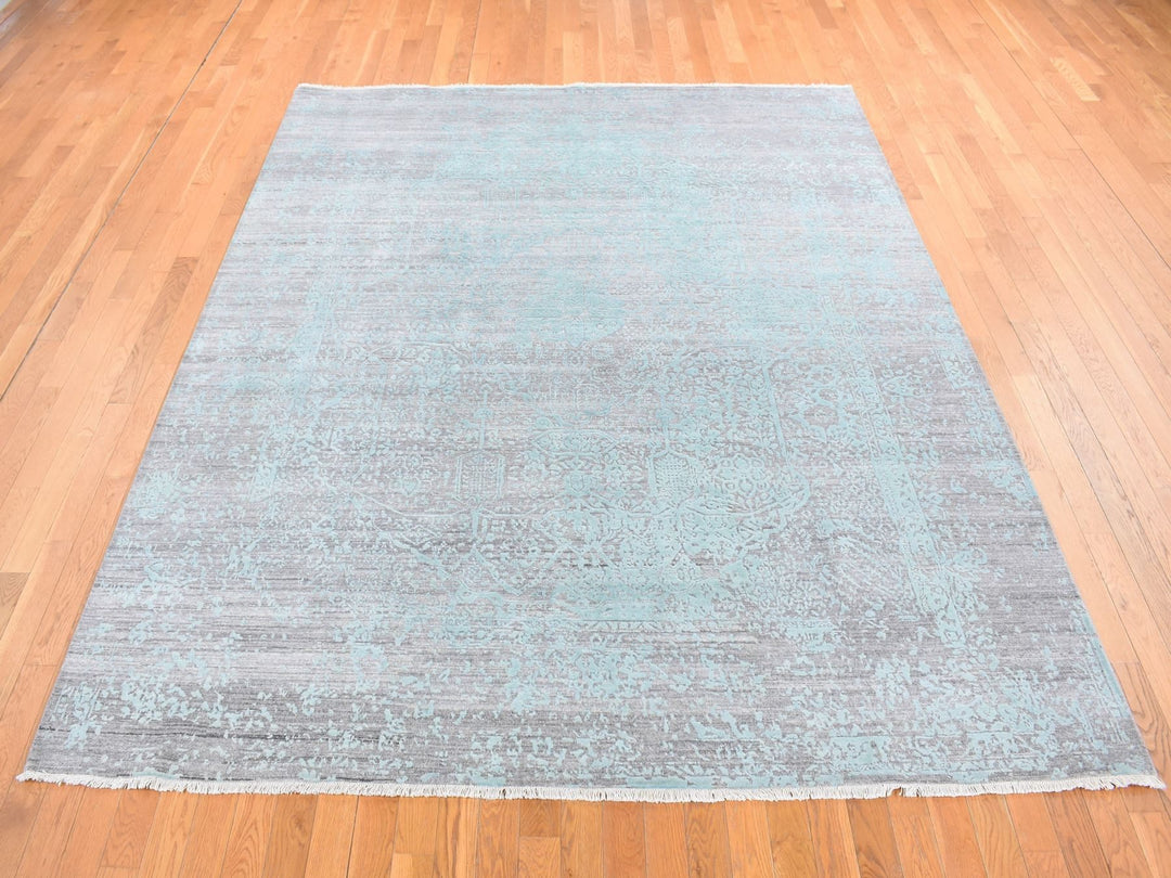 8'0" x 10'0" New Hand Knotted Green Wool & Silk Rectangle Oriental Rug - MOA10280789
