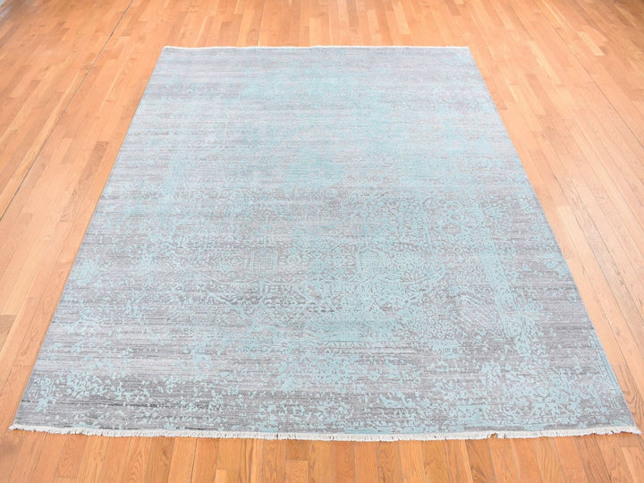 8'0" x 10'0" New Hand Knotted Green Wool & Silk Rectangle Oriental Rug - MOA10280789