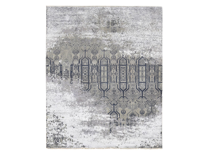 8'0" x 9'10" New Hand Knotted Grey Wool & Silk Rectangle Oriental Rug - MOA10280792