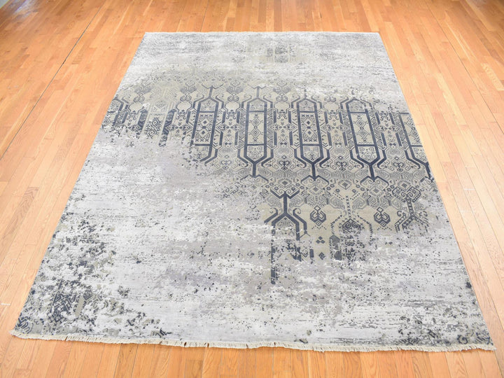8'0" x 9'10" New Hand Knotted Grey Wool & Silk Rectangle Oriental Rug - MOA10280792