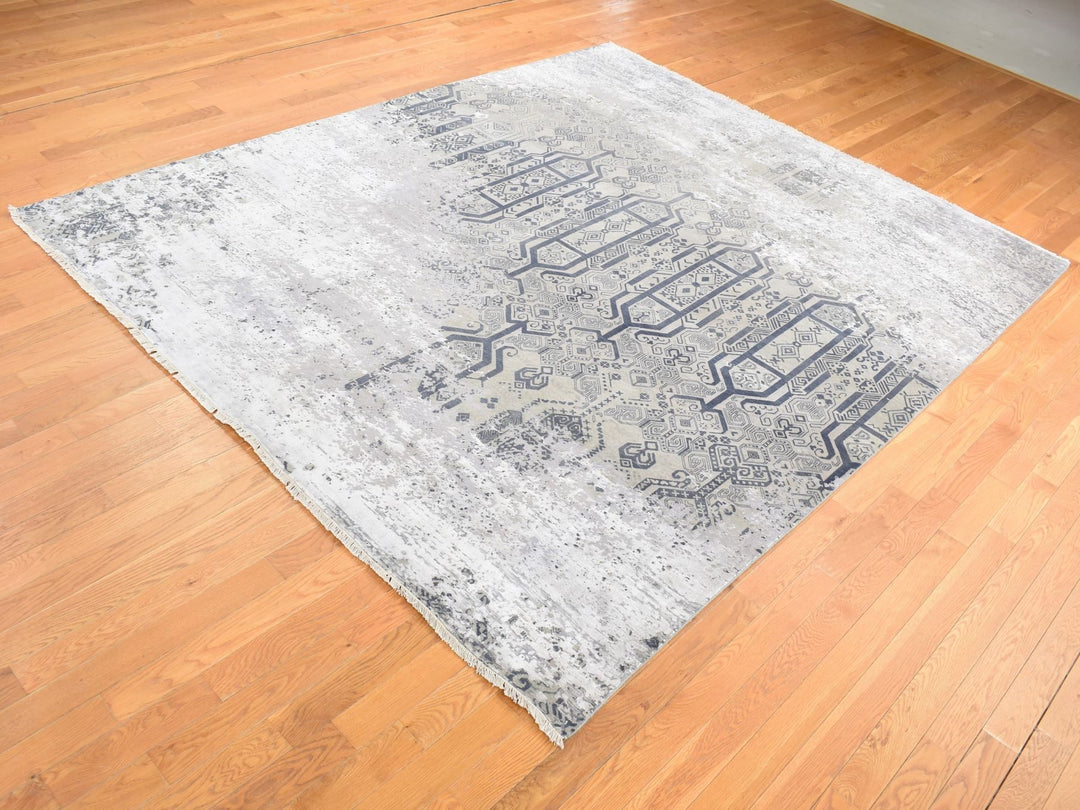 8'0" x 9'10" New Hand Knotted Grey Wool & Silk Rectangle Oriental Rug - MOA10280792