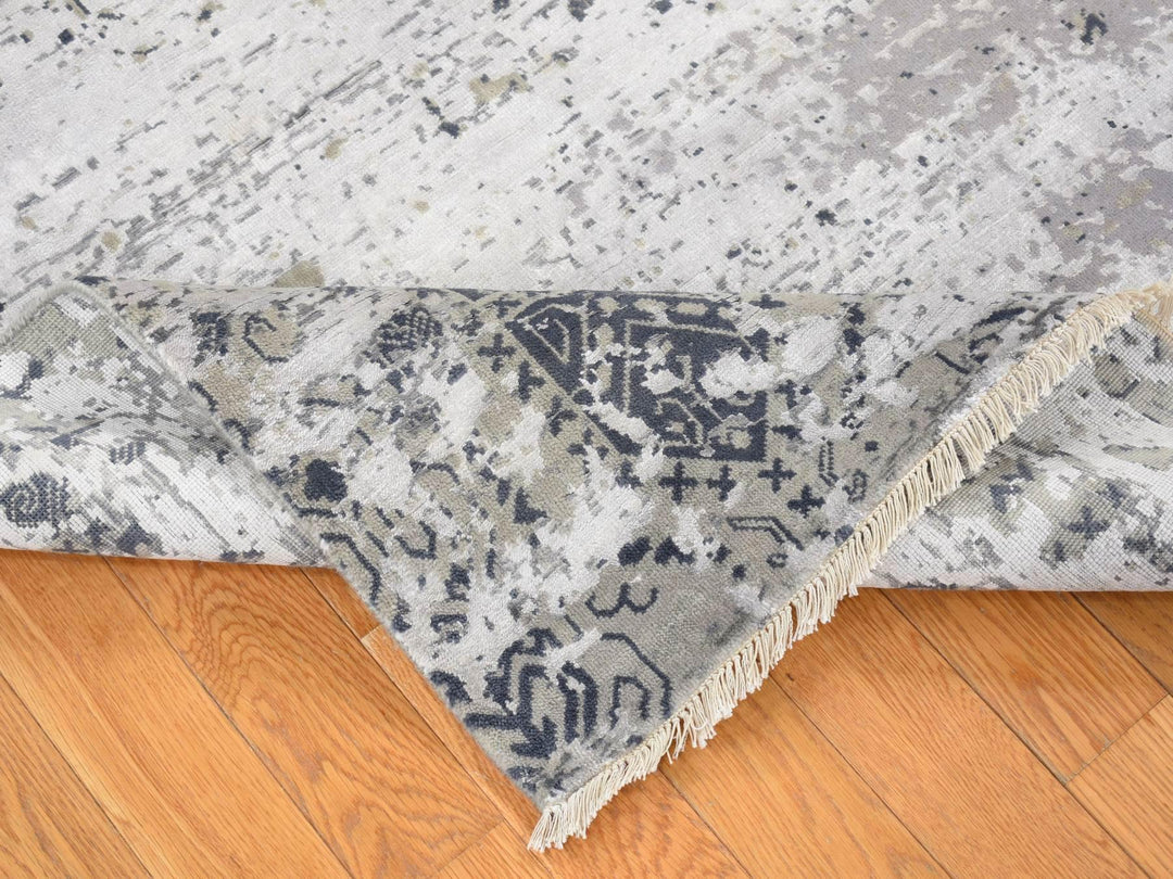 8'0" x 9'10" New Hand Knotted Grey Wool & Silk Rectangle Oriental Rug - MOA10280792