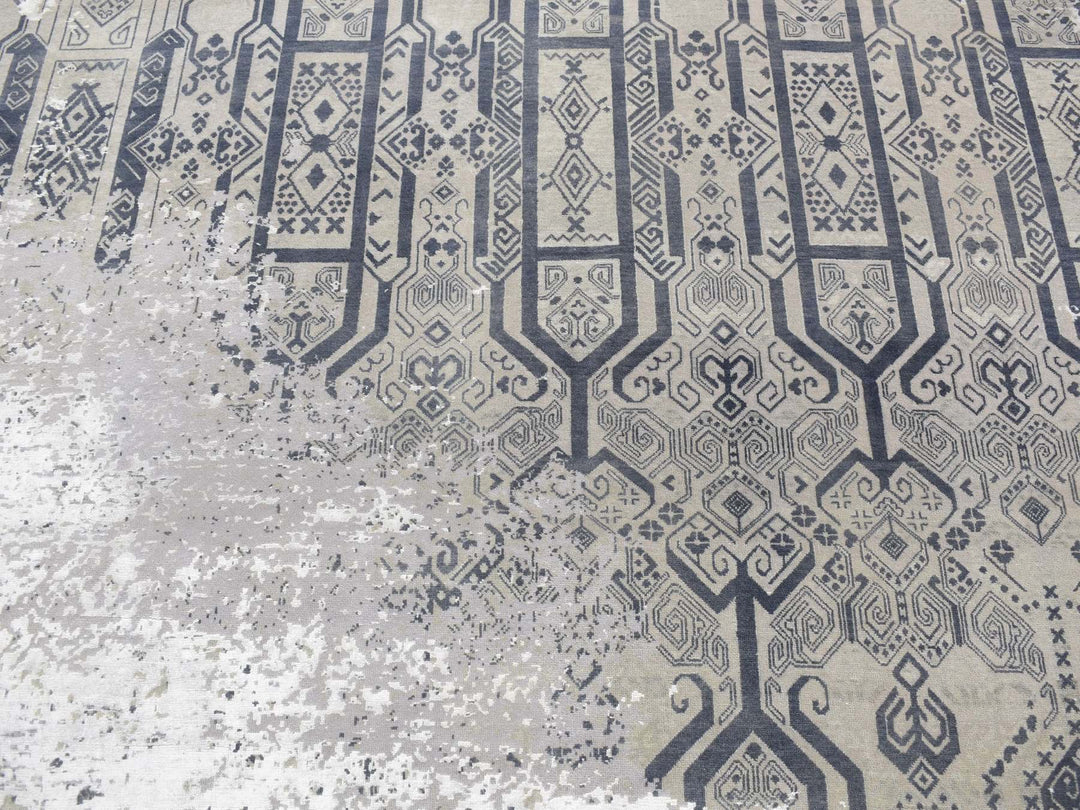 8'0" x 9'10" New Hand Knotted Grey Wool & Silk Rectangle Oriental Rug - MOA10280792