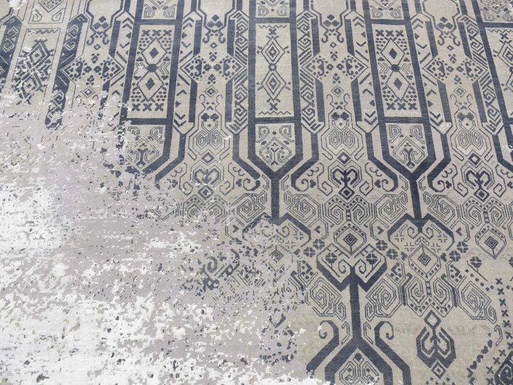 8'0" x 9'10" New Hand Knotted Grey Wool & Silk Rectangle Oriental Rug - MOA10280792