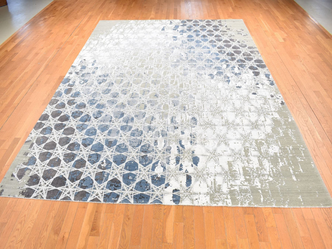 10'0" x 14'1" New Hand Knotted Grey Wool & Silk Rectangle Oriental Rug - MOA10280793