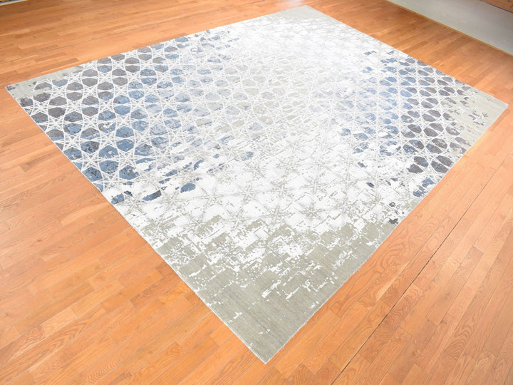 10'0" x 14'1" New Hand Knotted Grey Wool & Silk Rectangle Oriental Rug - MOA10280793