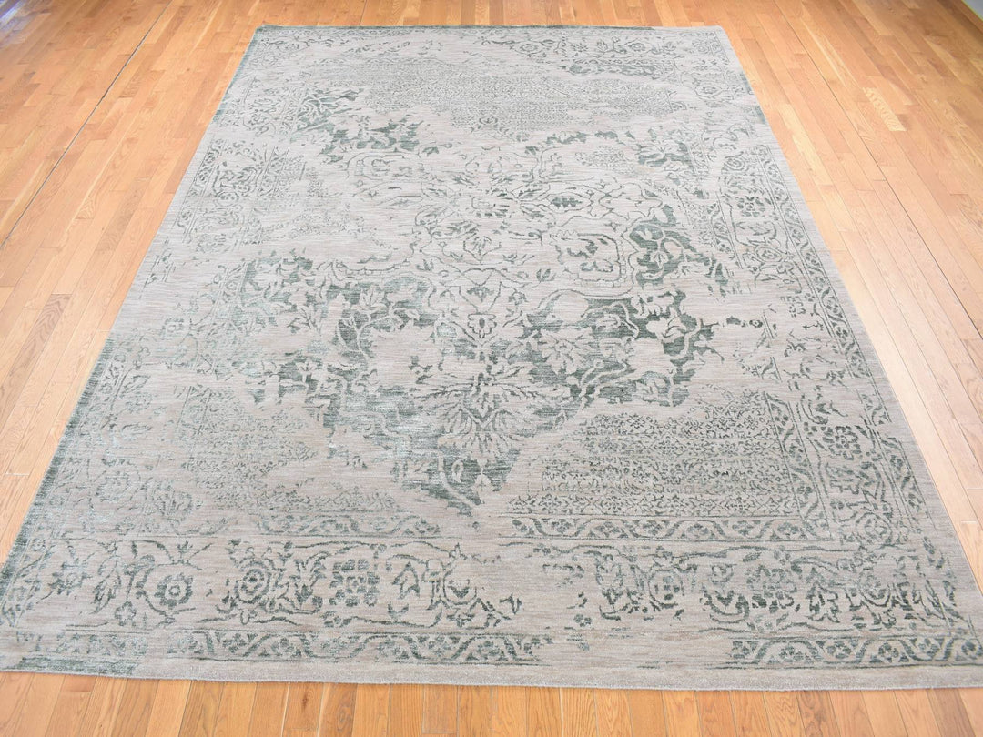 8'10" x 12'0" New Hand Knotted Green Wool & Silk Rectangle Oriental Rug - MOA10280798