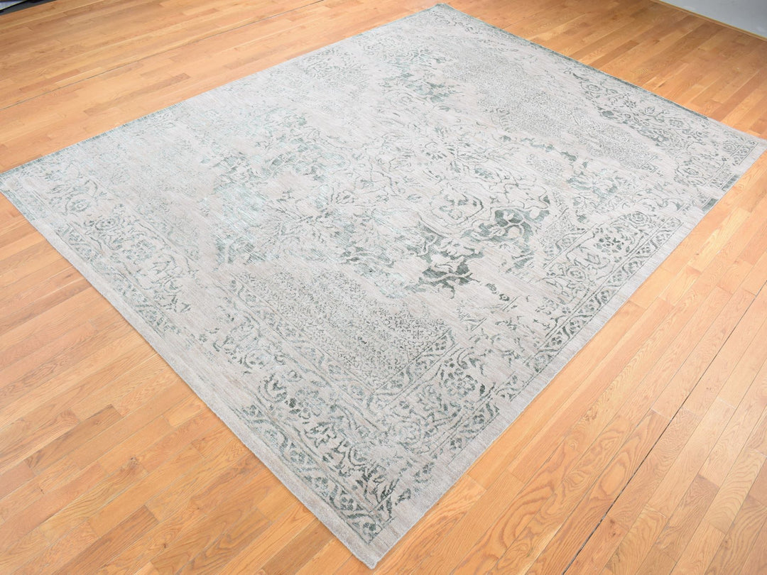 8'10" x 12'0" New Hand Knotted Green Wool & Silk Rectangle Oriental Rug - MOA10280798