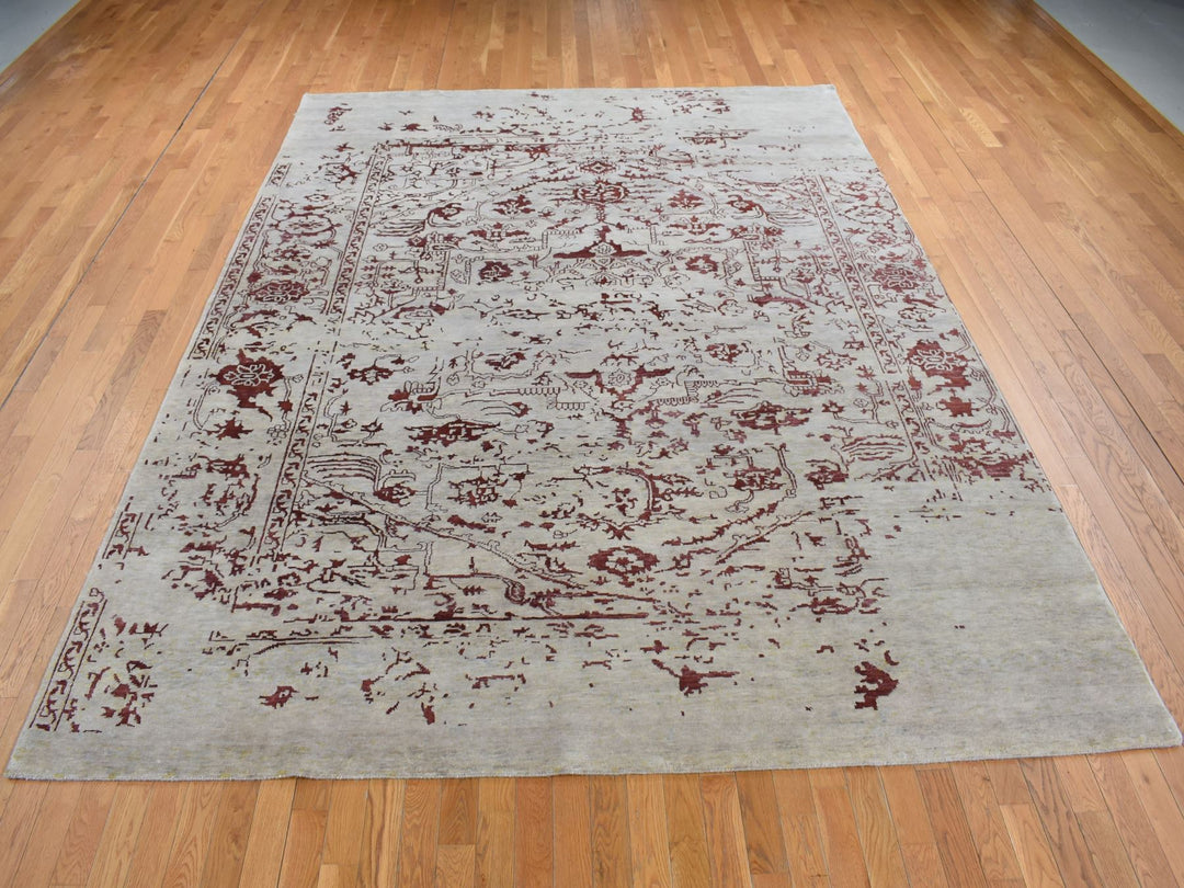 9'0" x 11'9" New Hand Knotted Beige Wool & Silk Rectangle Oriental Rug - MOA10280822