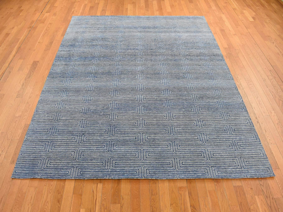 8'0" x 10'0" New Hand Knotted Blue Wool & Silk Rectangle Oriental Rug - MOA10280827