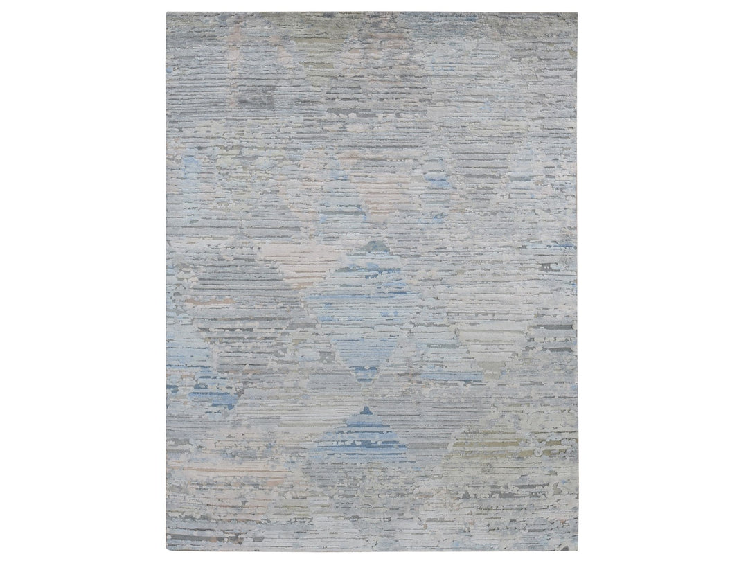 8'0" x 10'6" New Hand Knotted Ivory Wool & Pure Silk Rectangle Oriental Rug - MOA10280830