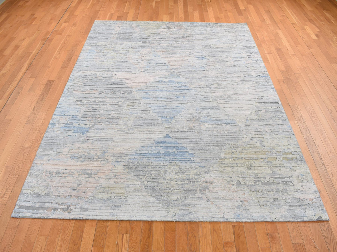 8'0" x 10'6" New Hand Knotted Ivory Wool & Pure Silk Rectangle Oriental Rug - MOA10280830