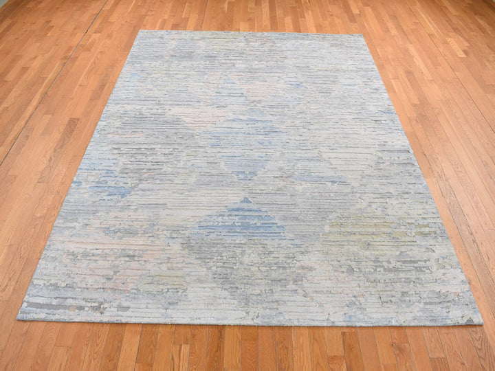8'0" x 10'6" New Hand Knotted Ivory Wool & Pure Silk Rectangle Oriental Rug - MOA10280830