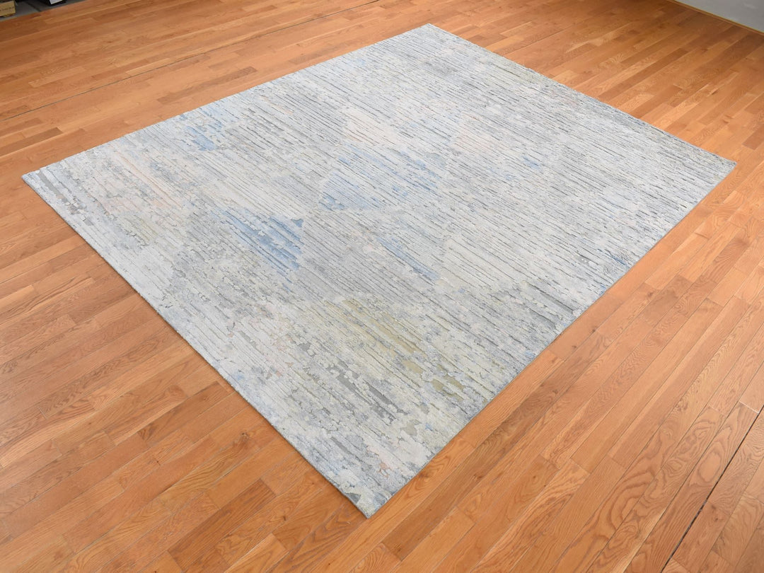8'0" x 10'6" New Hand Knotted Ivory Wool & Pure Silk Rectangle Oriental Rug - MOA10280830
