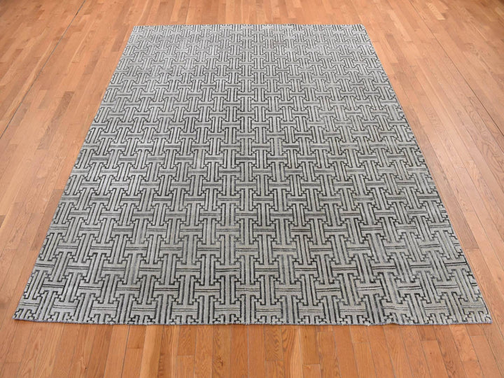 7'10" x 10'3" New Hand Knotted Grey Wool & Silk Rectangle Oriental Rug - MOA10280832