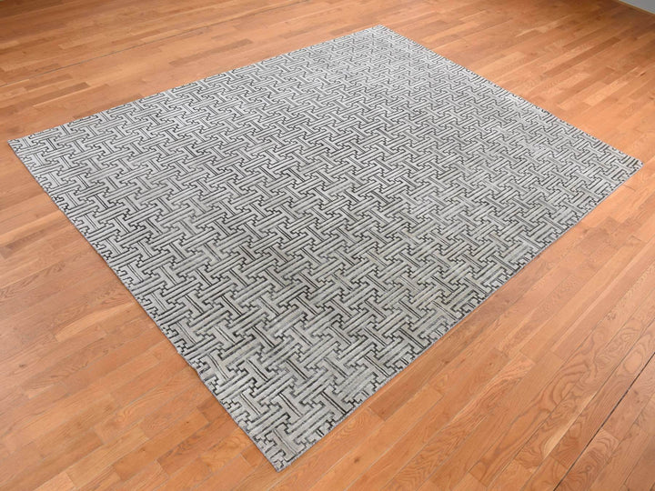 7'10" x 10'3" New Hand Knotted Grey Wool & Silk Rectangle Oriental Rug - MOA10280832