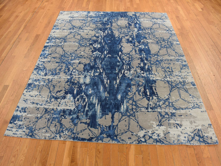 8'1" x 10'0" New Hand Knotted Blue Wool & Silk Rectangle Oriental Rug - MOA10280833