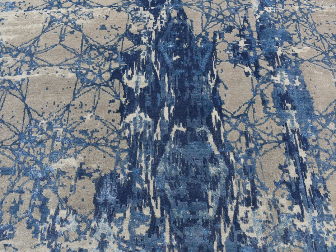 8'1" x 10'0" New Hand Knotted Blue Wool & Silk Rectangle Oriental Rug - MOA10280833