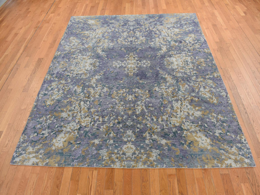 8'0" x 9'10" New Hand Knotted Purple Wool & Silk Rectangle Oriental Rug - MOA10280836