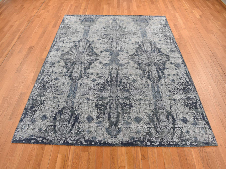 7'10" x 10'0" New Hand Knotted Grey Wool & Silk Rectangle Oriental Rug - MOA10280838