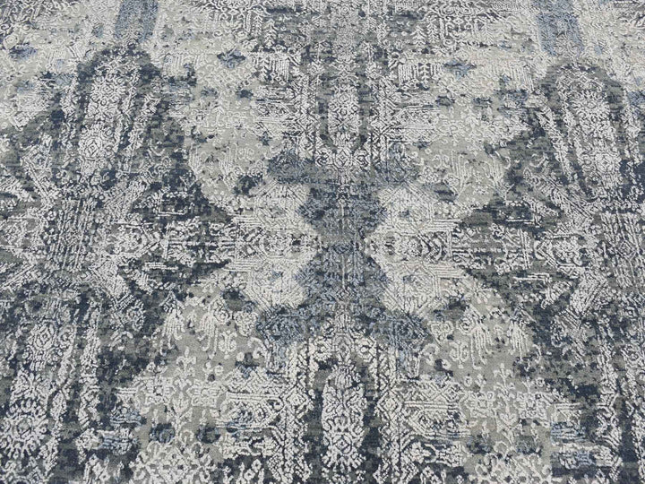 7'10" x 10'0" New Hand Knotted Grey Wool & Silk Rectangle Oriental Rug - MOA10280838