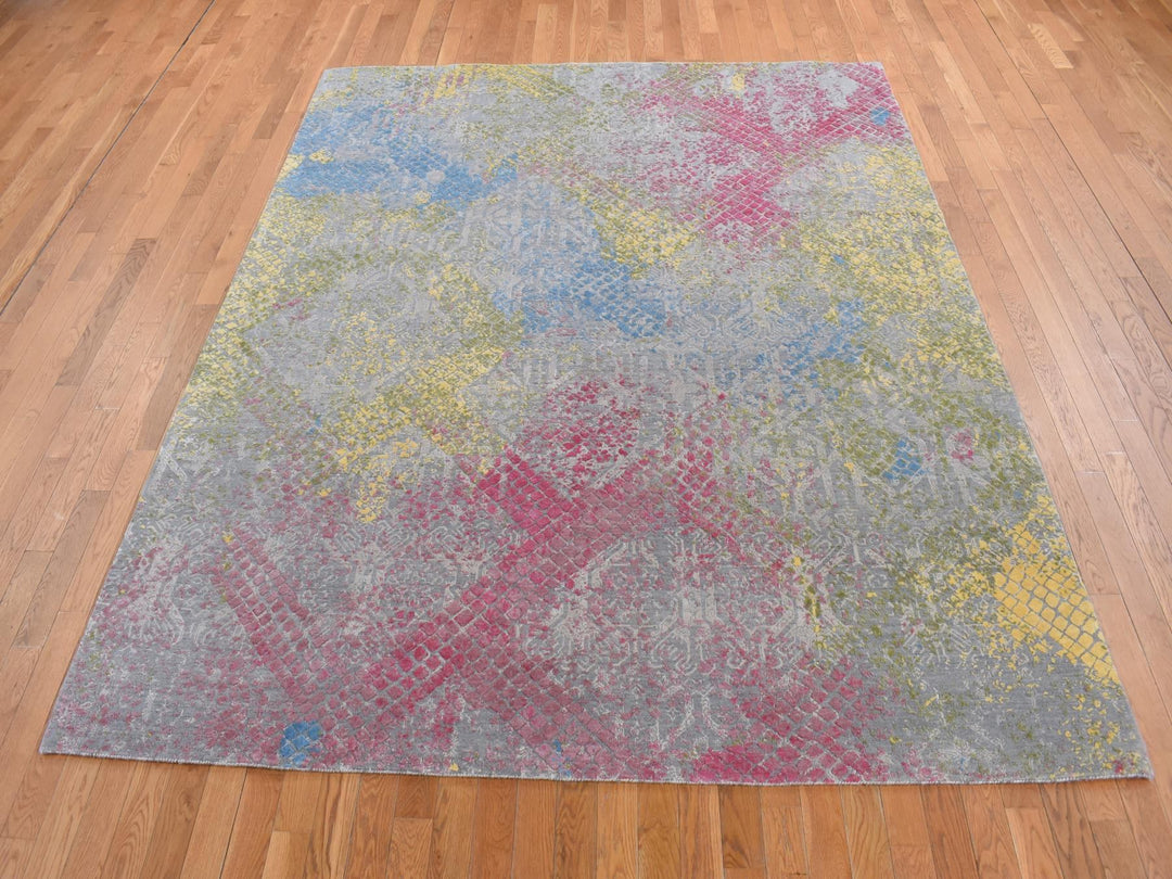 8'0" x 10'0" New Hand Knotted Grey Wool & Silk Rectangle Oriental Rug - MOA10280845