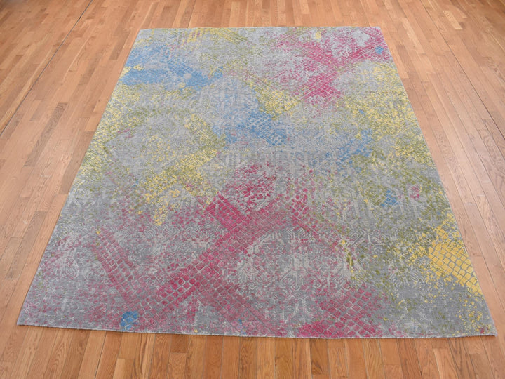 8'0" x 10'0" New Hand Knotted Grey Wool & Silk Rectangle Oriental Rug - MOA10280845