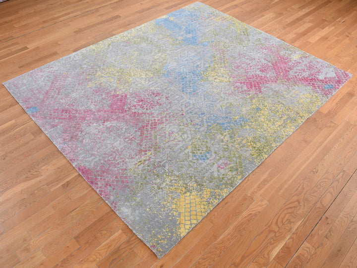 8'0" x 10'0" New Hand Knotted Grey Wool & Silk Rectangle Oriental Rug - MOA10280845