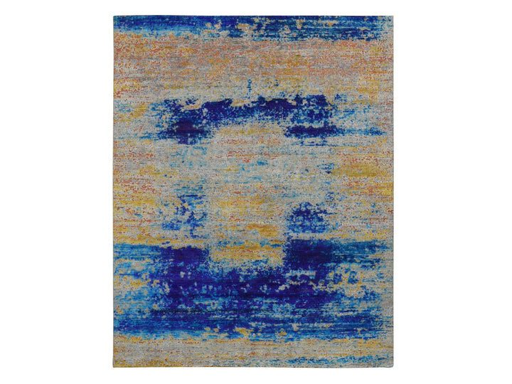 7'10" x 10'0" New Hand Knotted Yellow Wool & Silk Rectangle Oriental Rug - MOA10280848