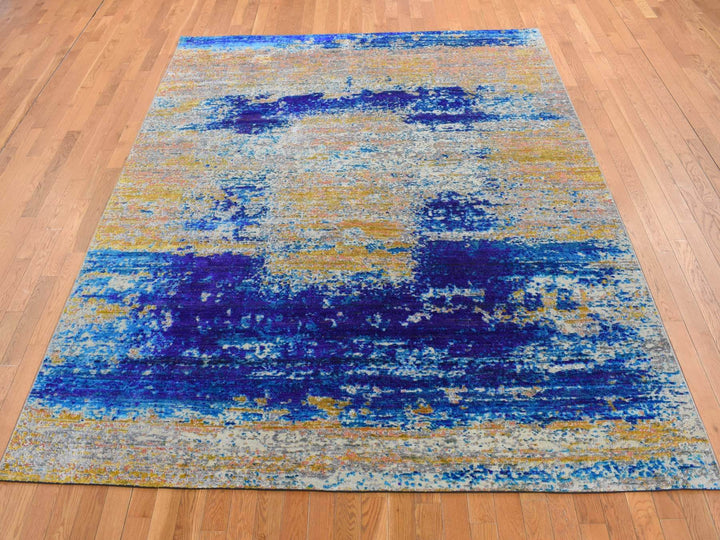 7'10" x 10'0" New Hand Knotted Yellow Wool & Silk Rectangle Oriental Rug - MOA10280848