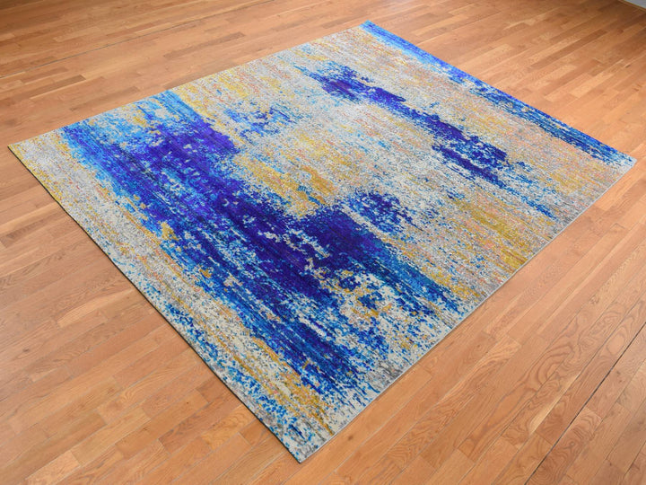7'10" x 10'0" New Hand Knotted Yellow Wool & Silk Rectangle Oriental Rug - MOA10280848