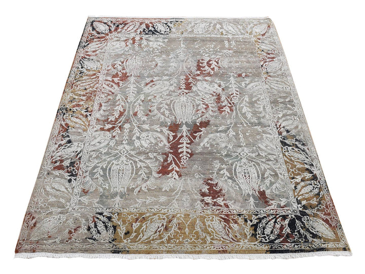 5'2" x 7'1" New Hand Knotted Grey Wool & Silk Rectangle Oriental Rug - MOA10280885