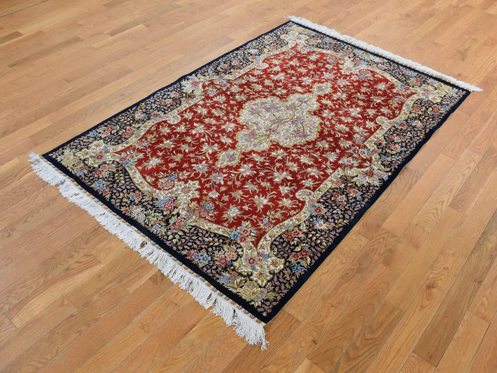 4'1" x 6'4" New Hand Knotted Red Silk Rectangle Oriental Rug - MOA10280893