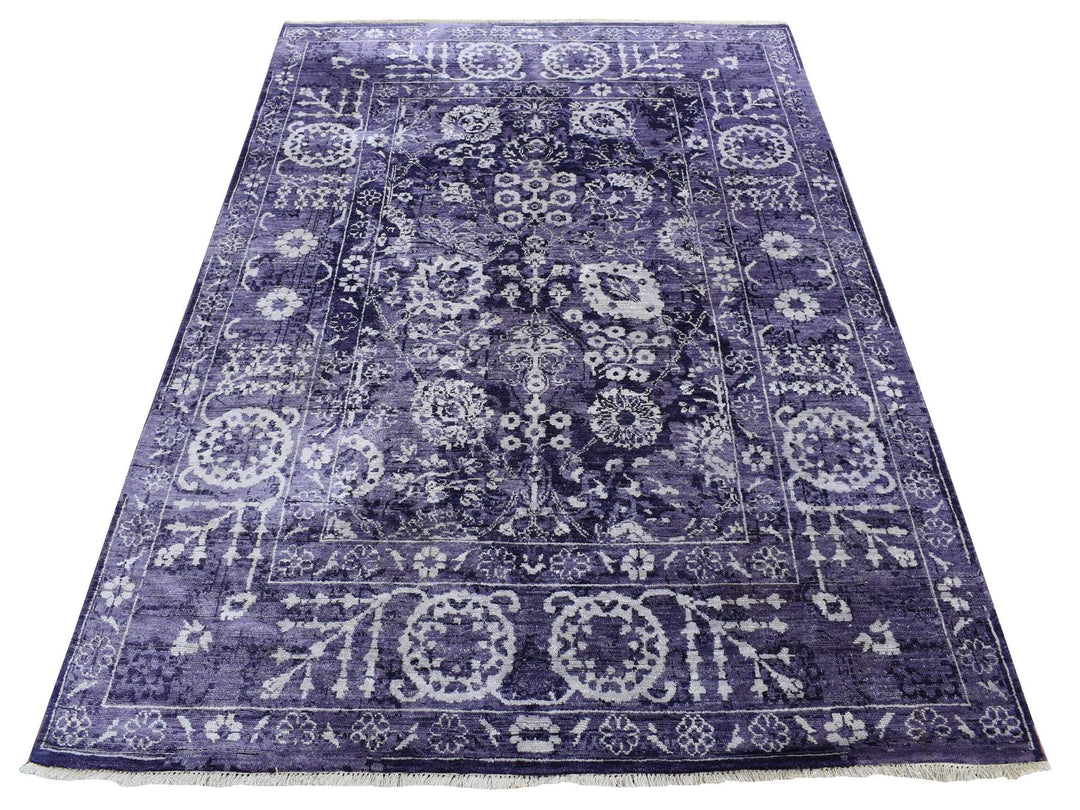 4'10" x 6'8" New Hand Knotted Purple Wool & Silk Rectangle Oriental Rug - MOA10280908