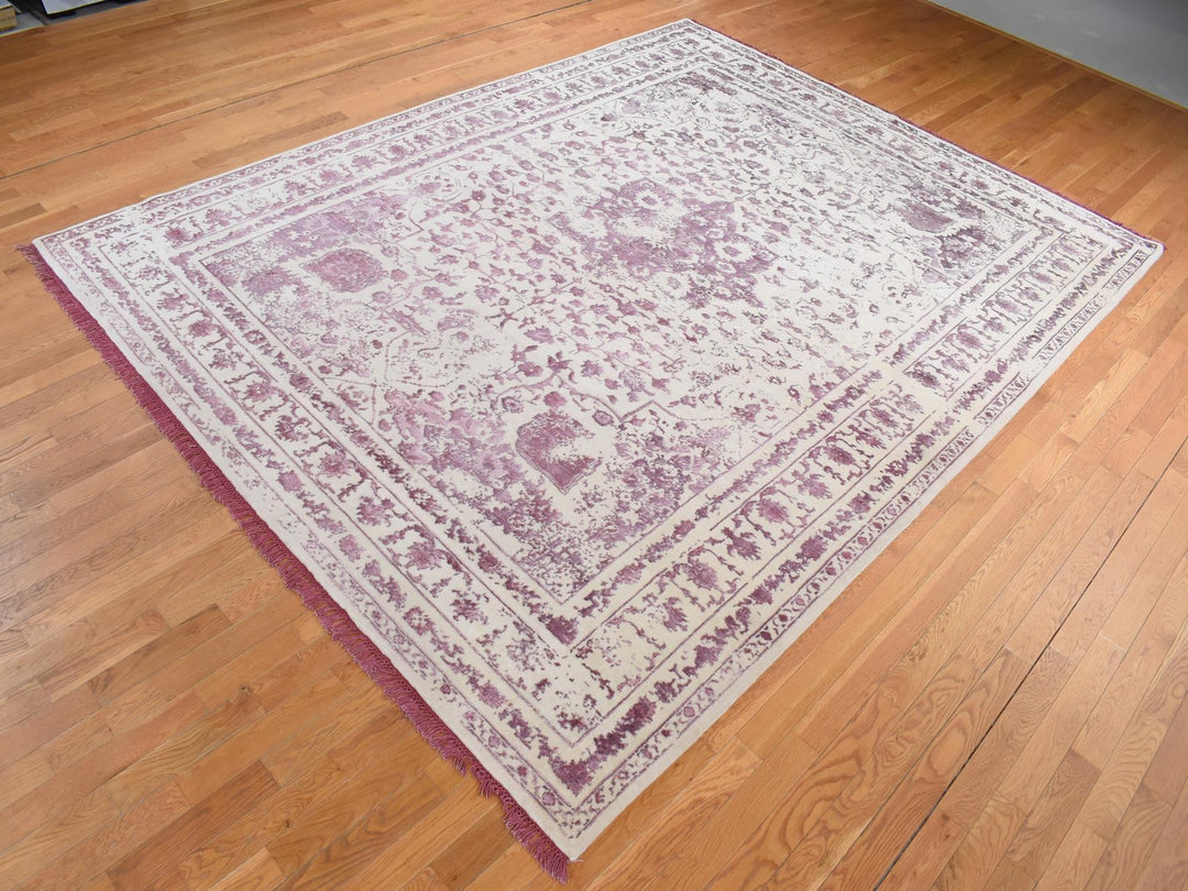 9'2" x 12'1" New Hand Knotted Ivory Wool & Silk Rectangle Oriental Rug - MOA10280910
