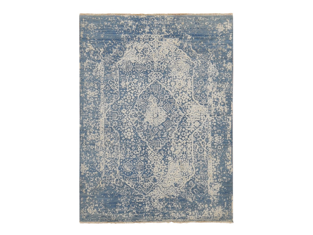 5'1" x 7'0" New Hand Knotted Blue Wool & Silk Rectangle Oriental Rug - MOA10280927
