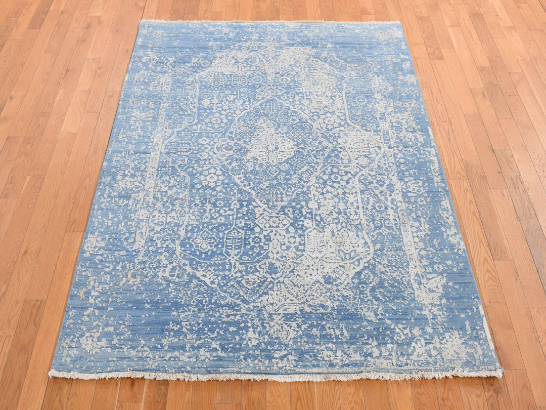 5'1" x 7'0" New Hand Knotted Blue Wool & Silk Rectangle Oriental Rug - MOA10280927